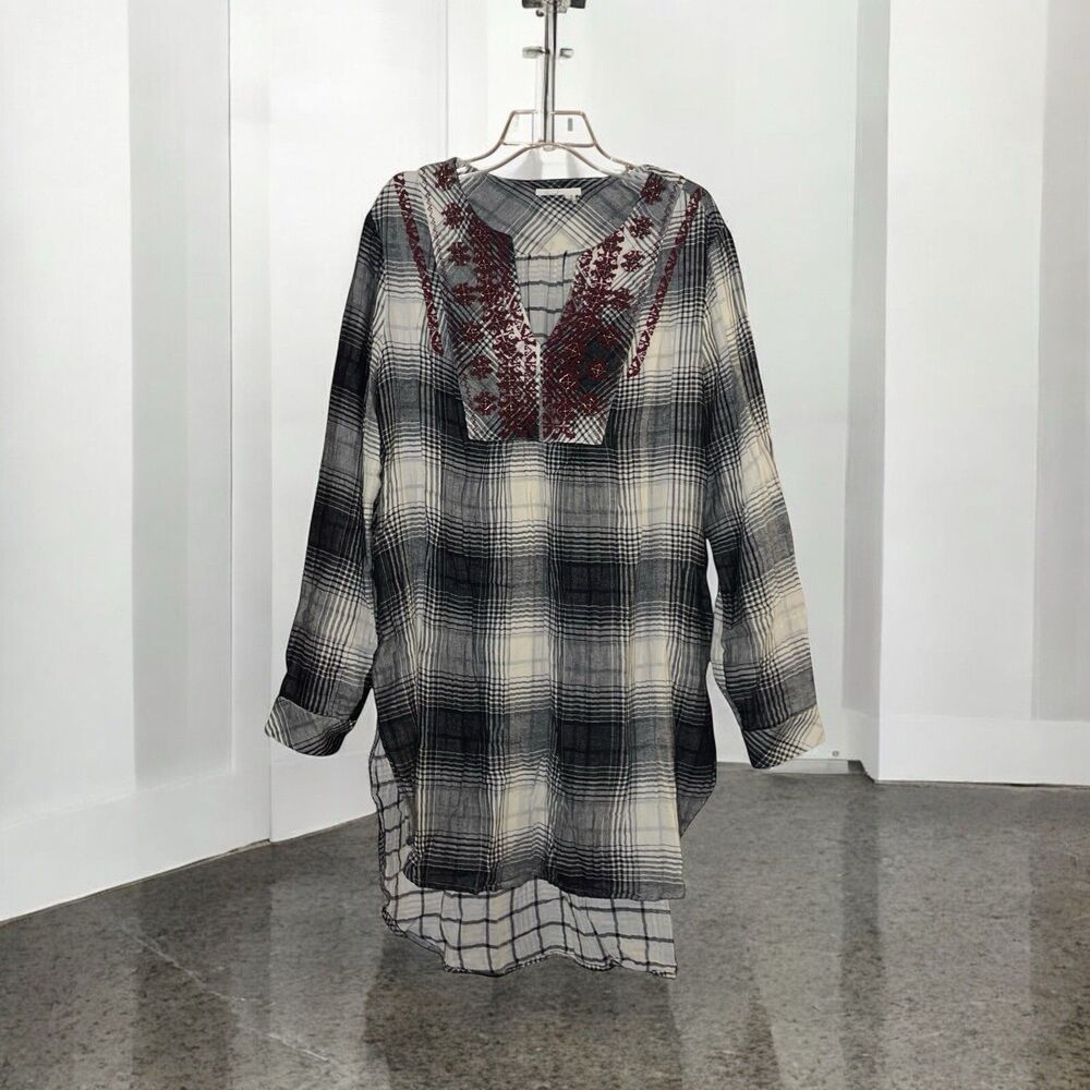 Floreat Anthropologie L Plaid Beaded Embroidered Shirt Tunic Dress